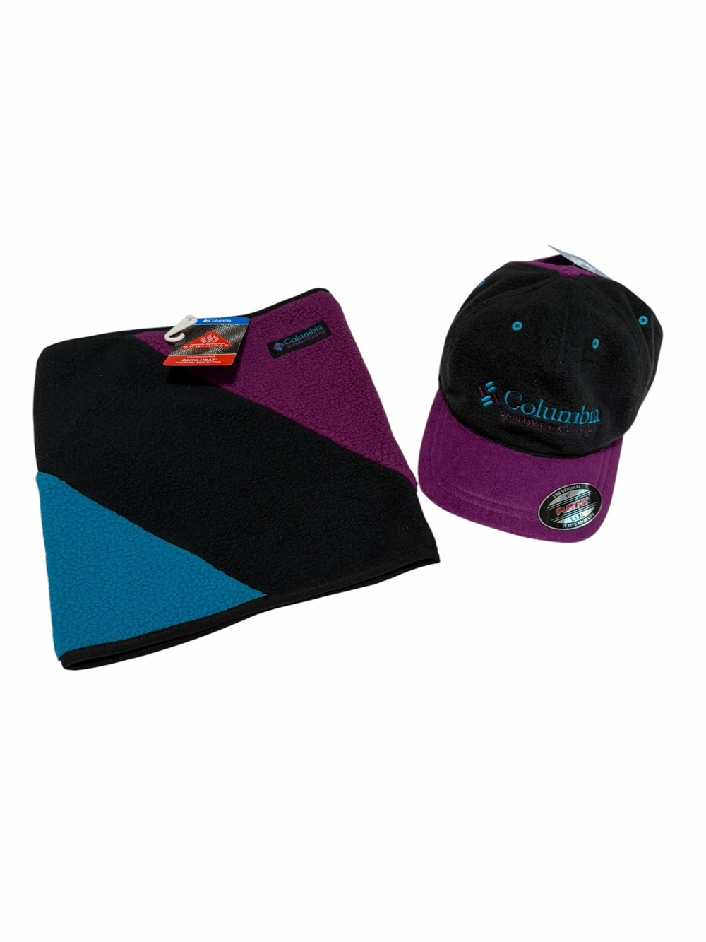 NWT Columbia Fleece Hat & Neck Gaiter | Black/Purple/ Teal